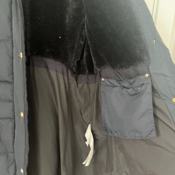 ZARA Navy Blue Hooded Long Puffer Down Coat Faux Fur With Belt Size S - Picture 6 of 8